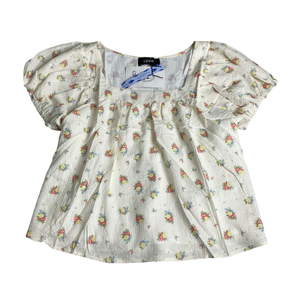 Cider Floral Babydoll Top Women XL Light Yellow Puff Sleeve Square Neck Tie Back
